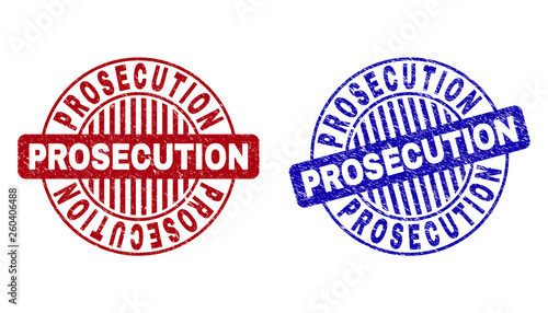 Grunge PROSECUTION round stamp seals isolated on a white background. Round seals with distress texture in red and blue colors.