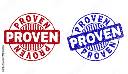 Grunge PROVEN round stamp seals isolated on a white background. Round seals with grunge texture in red and blue colors. Vector rubber imprint of PROVEN tag inside circle form with stripes.