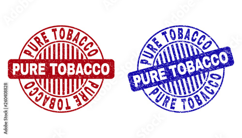 Grunge PURE TOBACCO round watermarks isolated on a white background. Round seals with grunge texture in red and blue colors.