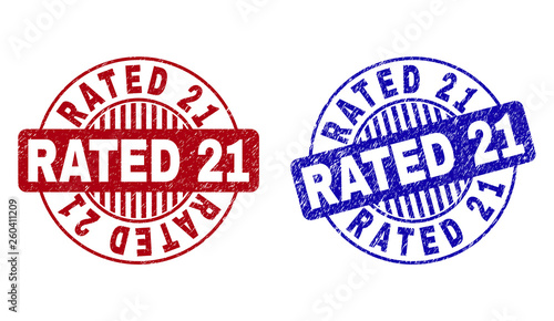 Grunge RATED 21 round stamp seals isolated on a white background. Round seals with distress texture in red and blue colors. Vector rubber watermark of RATED 21 title inside circle form with stripes.