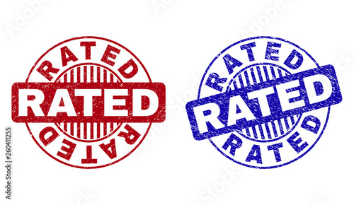 Grunge RATED round stamp seals isolated on a white background. Round seals with distress texture in red and blue colors. Vector rubber overlay of RATED tag inside circle form with stripes.