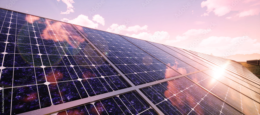 Colorful panoramic landscape: solar power plants. ( 3D rendering ...