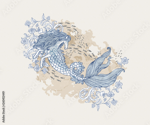 Vászonkép Hand drawn kelpie with baroque antique elements, flowers, fishes, coral reefs