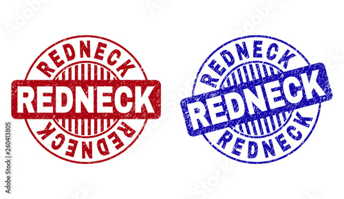 Grunge REDNECK round stamp seals isolated on a white background. Round seals with grunge texture in red and blue colors. Vector rubber watermark of REDNECK text inside circle form with stripes. photo
