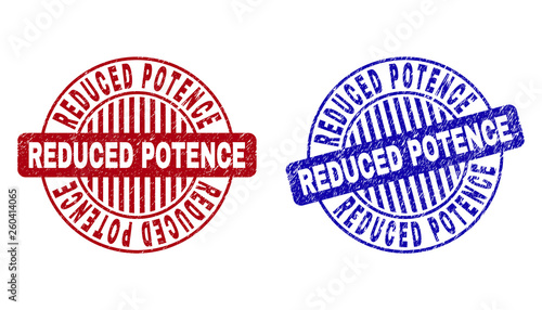 Grunge REDUCED POTENCE round stamp seals isolated on a white background. Round seals with grunge texture in red and blue colors.