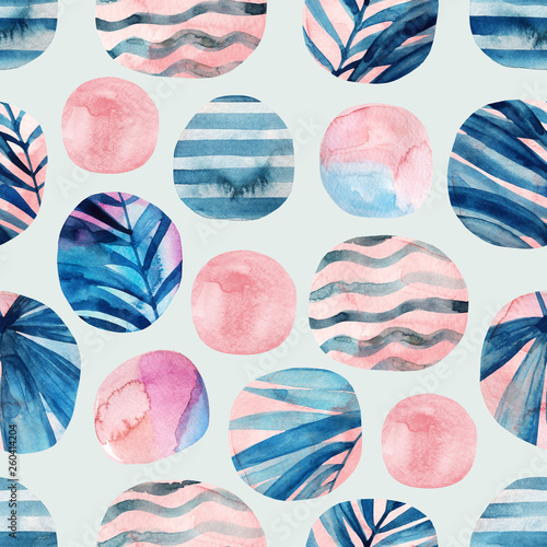 Circles with palm leaves, waves, stripes and water color marble, grained, gru...