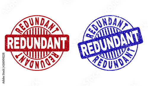 Grunge REDUNDANT round stamp seals isolated on a white background. Round seals with distress texture in red and blue colors. Vector rubber imprint of REDUNDANT text inside circle form with stripes.