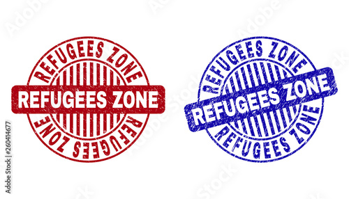 Grunge REFUGEES ZONE round stamp seals isolated on a white background. Round seals with grunge texture in red and blue colors.