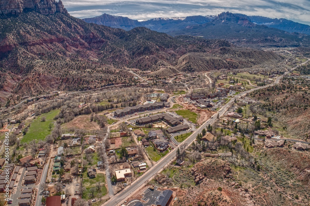 Aerial View of Springsdale, Utah just outside of Zion National Park