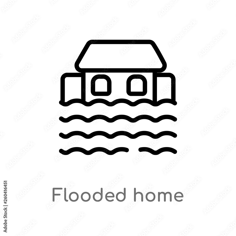 Obraz premium outline flooded home vector icon. isolated black simple line element illustration from meteorology concept. editable vector stroke flooded home icon on white background