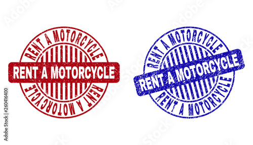Grunge RENT A MOTORCYCLE round stamp seals isolated on a white background. Round seals with distress texture in red and blue colors.