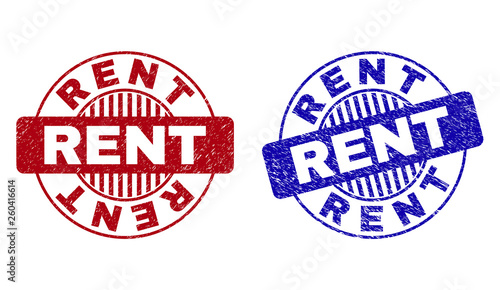 Grunge RENT round stamp seals isolated on a white background. Round seals with distress texture in red and blue colors. Vector rubber imitation of RENT text inside circle form with stripes.
