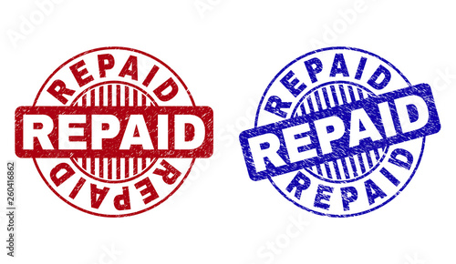 Grunge REPAID round stamp seals isolated on a white background. Round seals with grunge texture in red and blue colors. Vector rubber imprint of REPAID label inside circle form with stripes.