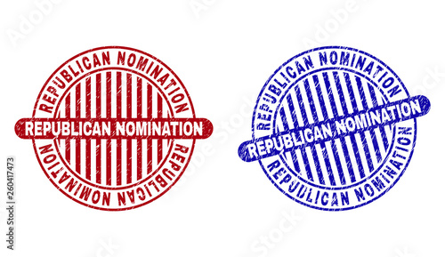 Grunge REPUBLICAN NOMINATION round stamp seals isolated on a white background. Round seals with grunge texture in red and blue colors.