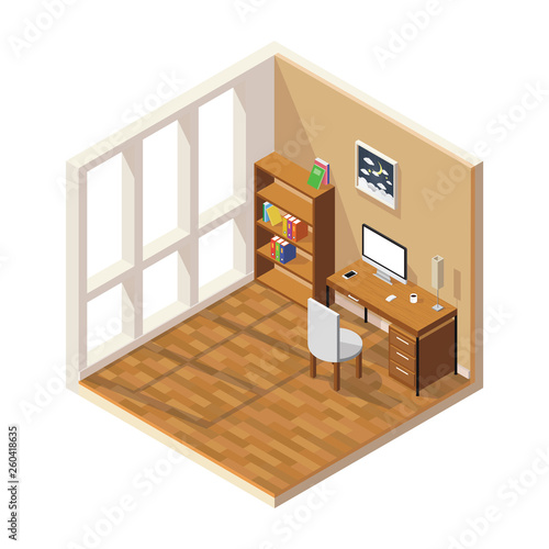 Vector isometric low poly room cutaway icon. Room includes furniture - working table with computer.