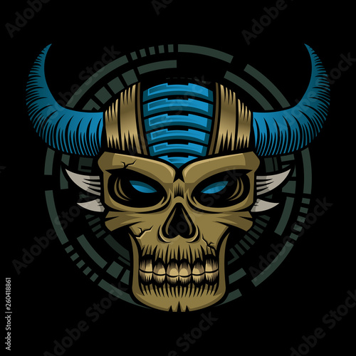 A gold skull of cyborg with the horn on the head