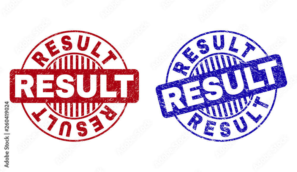 Grunge RESULT round stamp seals isolated on a white background. Round seals with grunge texture in red and blue colors. Vector rubber imitation of RESULT label inside circle form with stripes. Grunge RESULT round stamp seals isolated on a white background. Round seals with grunge texture in red and blue colors. Vector rubber imitation of RESULT label inside circle form with stripes.