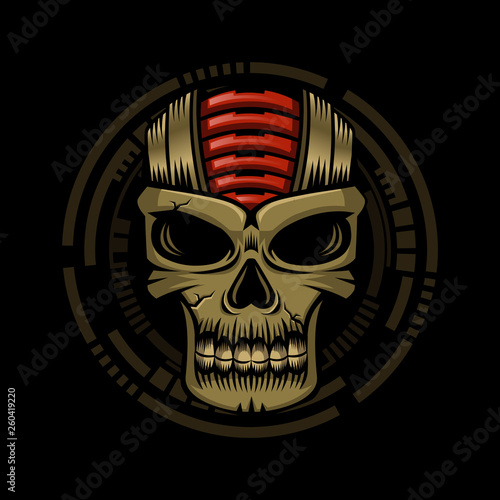 A gold skull of cyborg with red brain machine