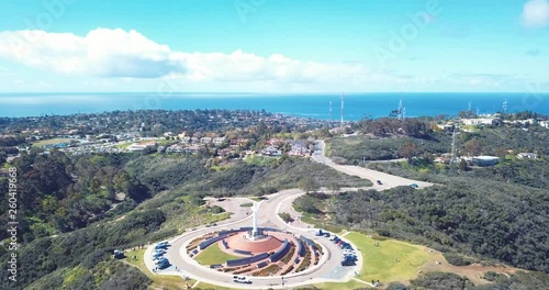 Beautiful Drone View of Mt. Soledad Cross in La Jolla, California. Smooth, 4K HD Aerial. Mount Soledad Veterans Memorial near Mission Bay, Mission Beach, North PB.