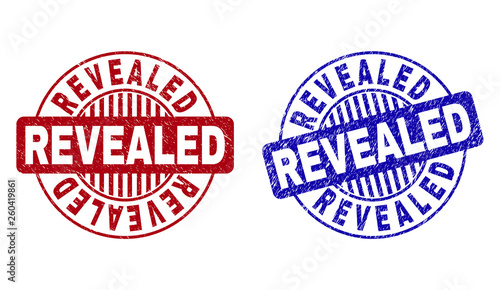 Grunge REVEALED round stamp seals isolated on a white background. Round seals with grunge texture in red and blue colors. Vector rubber imprint of REVEALED title inside circle form with stripes.
