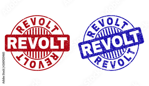 Grunge REVOLT round stamp seals isolated on a white background. Round seals with distress texture in red and blue colors. Vector rubber imprint of REVOLT title inside circle form with stripes.