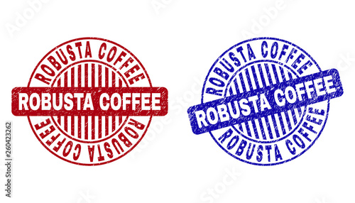 Grunge ROBUSTA COFFEE round stamp seals isolated on a white background. Round seals with grunge texture in red and blue colors.