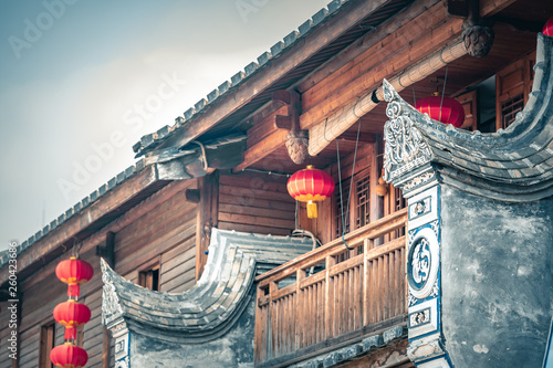 Photography Chinese Red Lantern decorated on traditional old house.