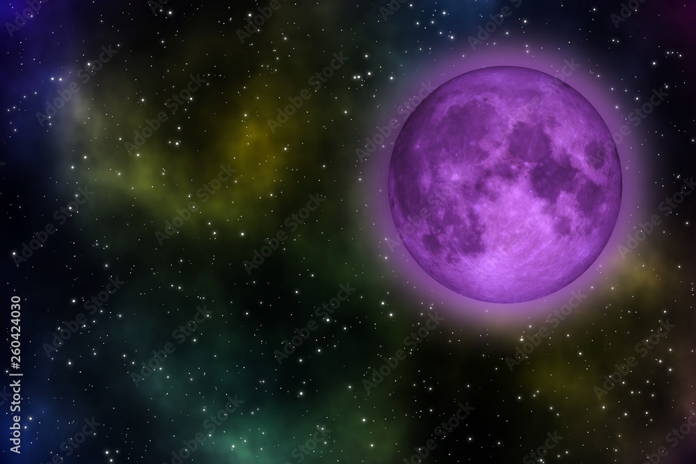 Fantasy violet Moon and stars field in the universe