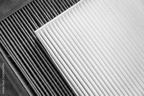 Close up, clean and dirty cabin air filter for car. car air filter texture and background photo