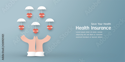 Vector illustration in concept of health insurance. Template design is on pastel blue background for cover, web banner, poster, slide presentation. Art Craft for kid in 3D paper cut style.