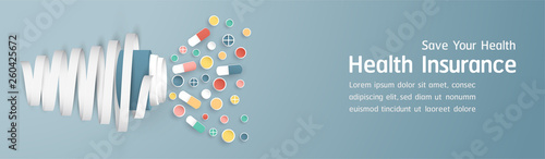 Vector illustration in concept of health insurance. Template design is on pastel blue background for cover, web banner, poster, slide presentation. Art Craft for kid in 3D paper cut style.