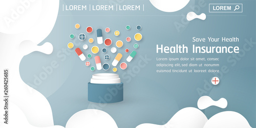 Vector illustration in concept of health insurance. Template design is on pastel blue background for cover, web banner, poster, slide presentation. Art Craft for kid in 3D paper cut style.