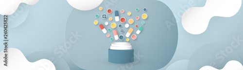 Vector illustration in concept of health insurance. Template design is on pastel blue background for cover, web banner, poster, slide presentation. Art Craft for kid in 3D paper cut style.