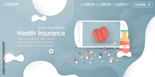 Vector illustration in concept of health insurance. Template design is on pastel blue background for cover, web banner, poster, slide presentation. Art Craft for kid in 3D paper cut style.