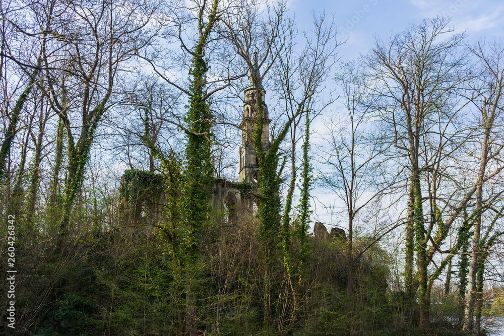 Old church ruin on an island in the lake Old church ruin on an island in the lake