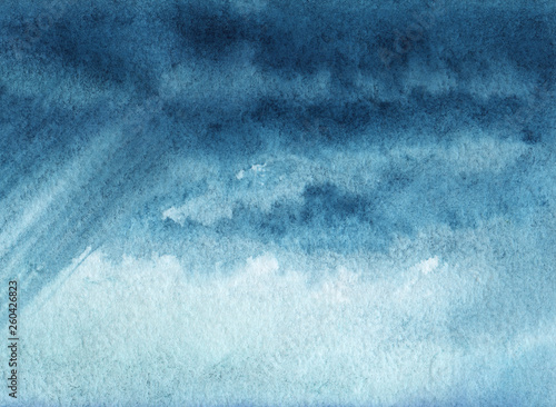 Heavy stormy sky. Over the horizon clearance. Oblique streams of rain. Hand-drawn watercolor illustration on texture paper.