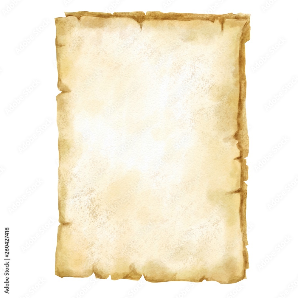 Hand drawn vintage old watercolor sheet of paper isolated on white background.  