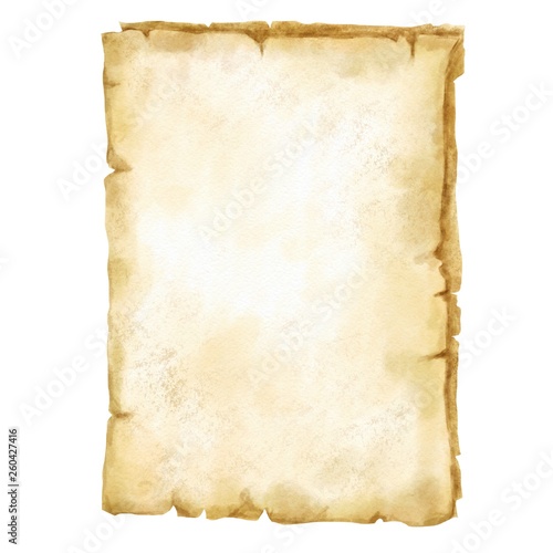 Hand drawn vintage old watercolor sheet of paper isolated on white background. 