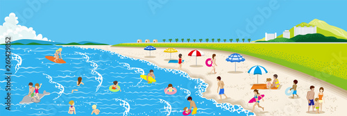 Summer beach landscape, people enjoying sea bathing - copy space