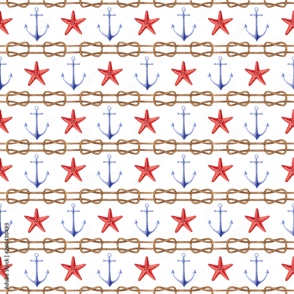 Nautical watercolor seamless pattern with sea anchors, starfishes and nautical rope knots