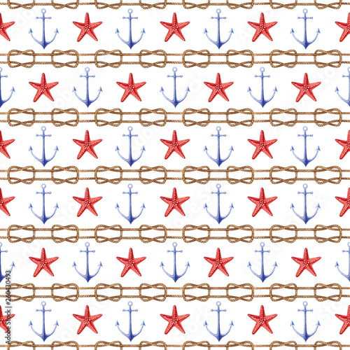 Nautical watercolor seamless pattern with sea anchors  starfishes and nautical rope knots