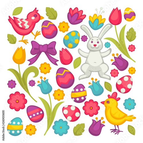 Chicken and bunny eggs and tulips Easter religious holiday vector flowers and festive symbols