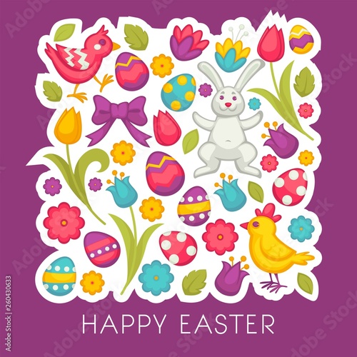Chicken and bunny eggs and tulips Easter religious holiday vector flowers and festive symbols