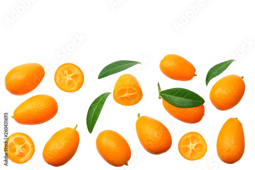 Cumquat or kumquat with leaves isolated on white background. top view