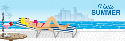 Bikini woman lying down on the chaise chair in resort pool, side view - Included words “Hello Summer"