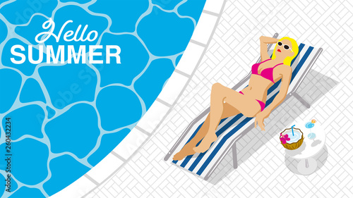 Bikini woman lying down on the chaise chair in resort pool, top view - Included words “Hello Summer"