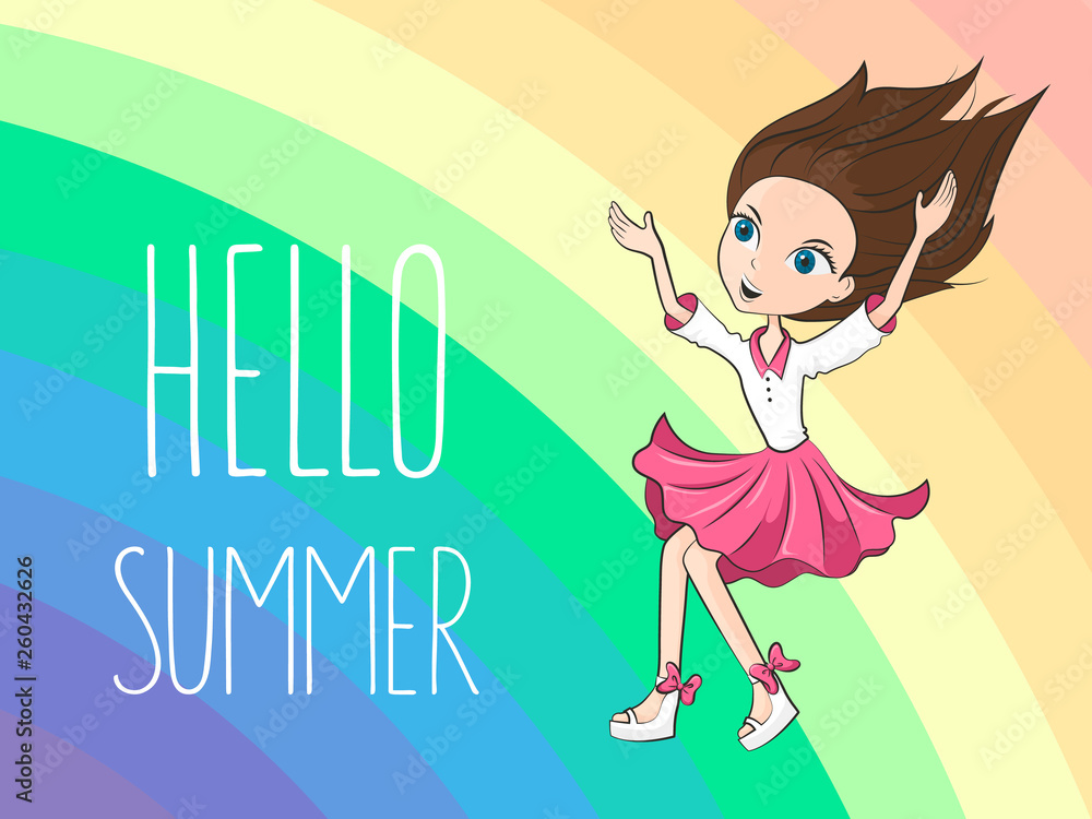 Hello Summer. Bright children's rainbow background with the image of a cartoon jumping girl in the corner. Vector illustration Hello Summer. Bright children's rainbow background with the image of a cartoon jumping girl in the corner. Vector illustration