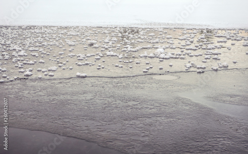 Close up of ice formed on lake  small snow crystals patches in back. Abstract winter background with space for text down
