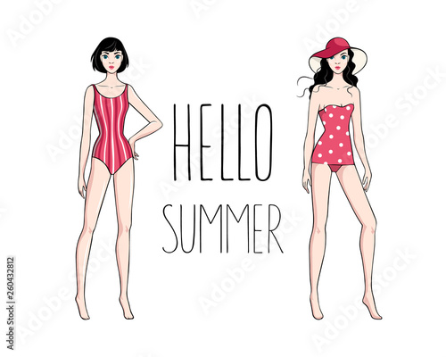 Vector image of two fashion girls in a swimsuit with inscription Hello Summer on the white background