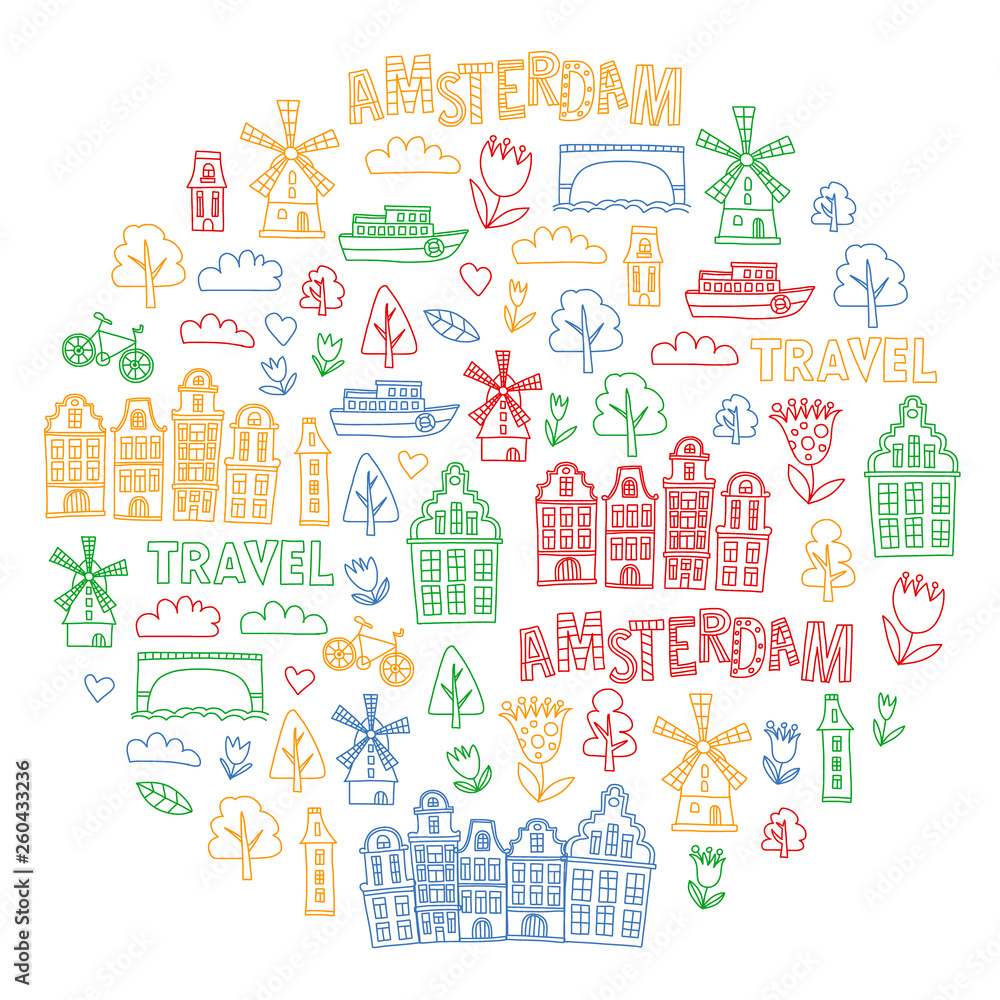 Vector pattern with Holland, Netherlands, Amsterdam icons. Doodle style.